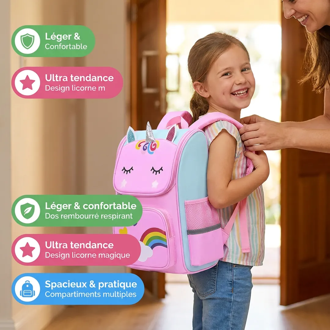 Cartable Licorne Fille – Sac à Dos Arc-en-Ciel Rose — Bénéfice émotionnel 1