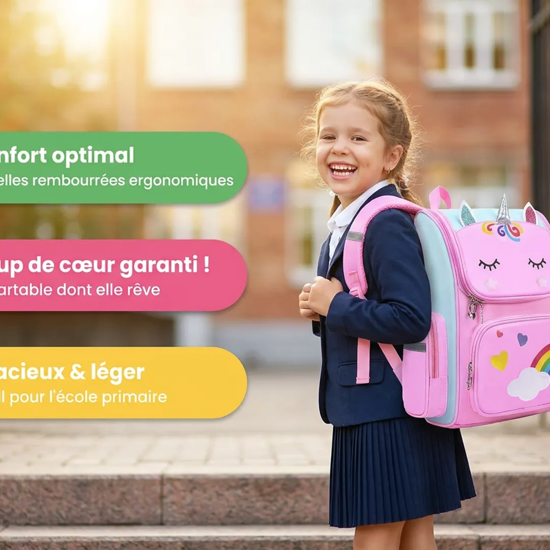 Cartable Licorne Fille – Sac à Dos Arc-en-Ciel Rose — Bénéfice émotionnel 2