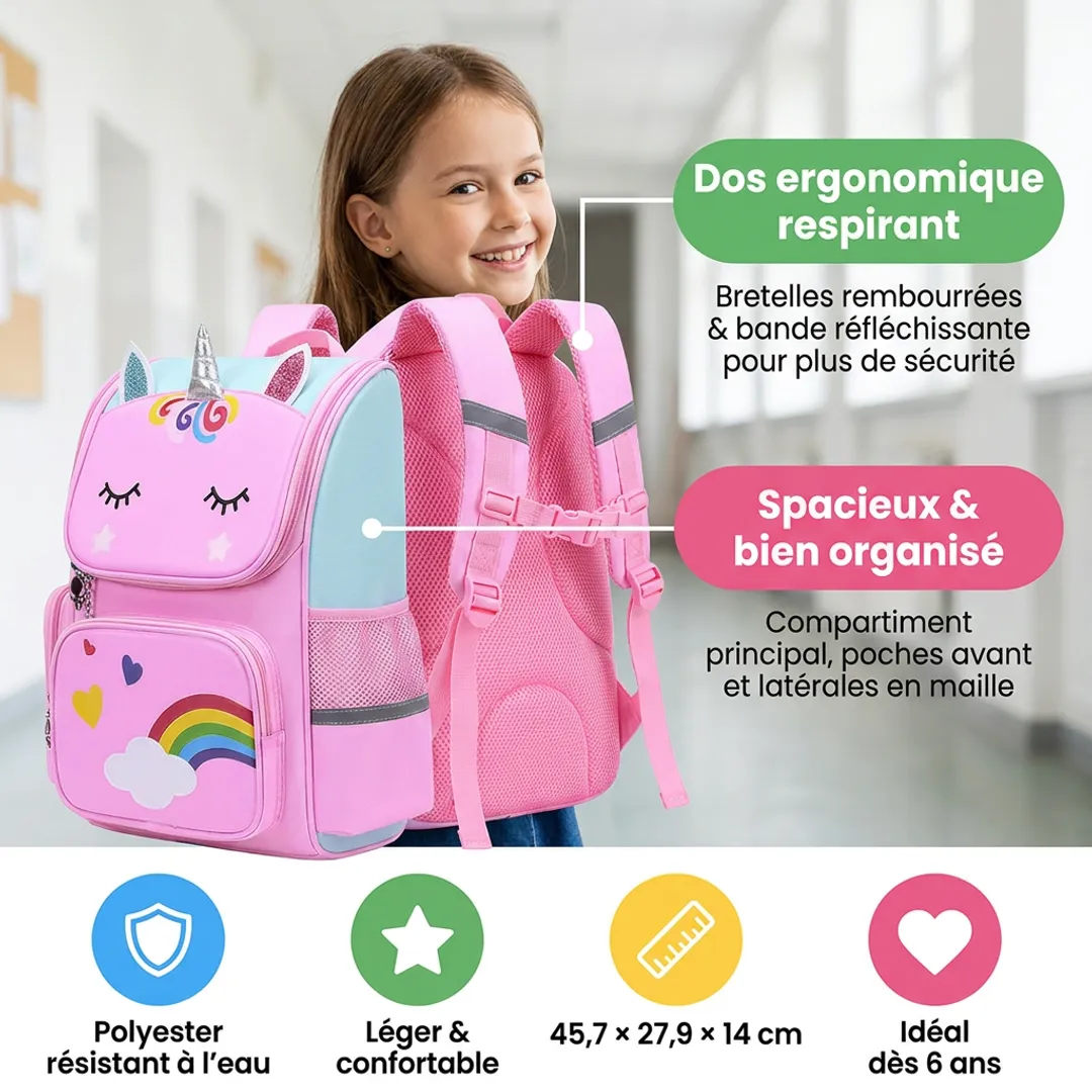 Cartable Licorne Fille – Sac à Dos Arc-en-Ciel Rose — Bénéfice fonctionnel