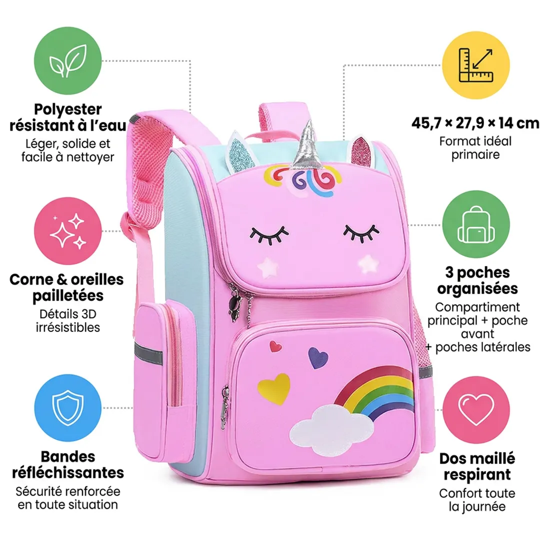 Cartable Licorne Fille – Sac à Dos Arc-en-Ciel Rose — Caractéristiques